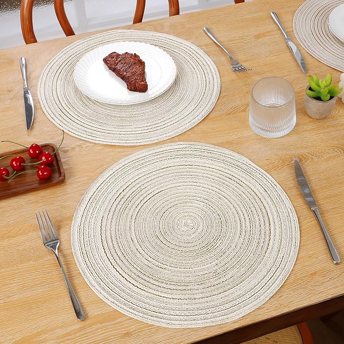 SHACOS Round Placemats Set of 6 Braided Circle Place Mat Washable 15 inch Table Mats for Kitchen Dining Table Decor Mixed Color (Ivory, 6)