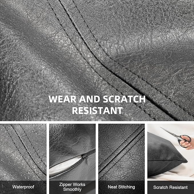 Faux Leather Throw Pillow Cover 16X16 Inch Set of 2 Black Outdoor Modern Farmhouse Solid Decorative Pillow Covers for Room Couch Living Bedroom Bed Sofa