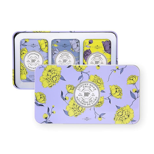 La Chatelaine Luxury Bar Soap Trio Gift Set Tin | Made in France | Natural and Organic | Shea Butter Formula | 3 x 7 oz / 200g - Lavender Soap Trio (Lavender, Lychee Bilberry, Lemon Verbena)