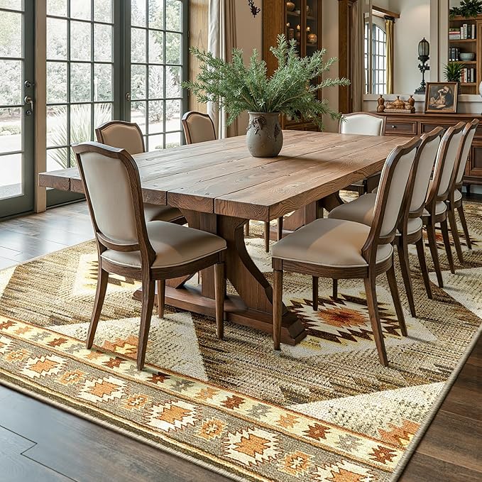 Area Rug 6x6 Rug Machine Washable Non-Slip Low Pile Print Pattern Western Rug for Living Room Bedroom Entryway Tribal Series -Cream/Camel