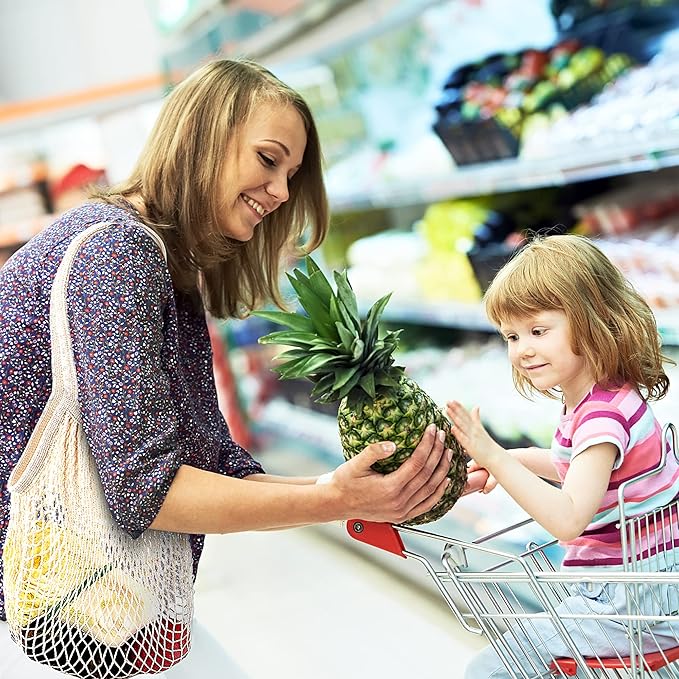 3 pack Cotton String Shopping Bags Reusable Washable Grocery Mesh Bags Organizer for Grocery Shopping Produce Net Bags with Longhandle for Fruit Vegetable Storage