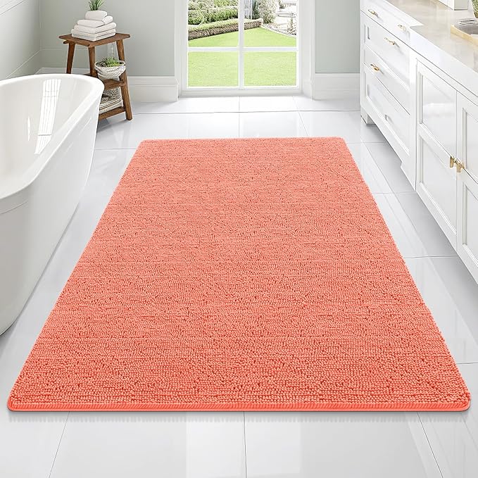 OLANLY Bathroom Rugs 70x46, Extra Soft Absorbent Chenille Bath Rugs, Rubber Backing Quick Dry, Machine Washable Bath Mats for Bathroom Floor, Tub and Shower, Home Decor Accessories, Coral