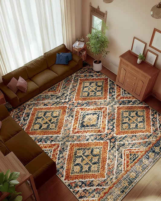 Area Rug 8x10 Rug Machine Washable Non-Slip Low Pile Print Pattern Western Rug for Living Room Bedroom Entryway Tribal Series -Orange/Brown