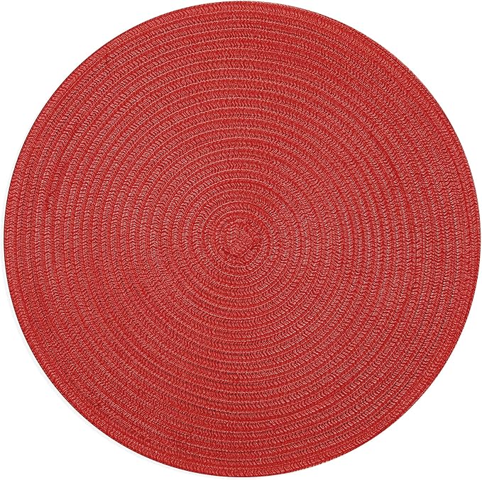 SHACOS Round Placemats Set of 4 Non Slip Washable Place Mats 15 inch Cotton Polyester Braided Placemat for Christmas Home Wedding Party Dining Table Decor (Red, 4)