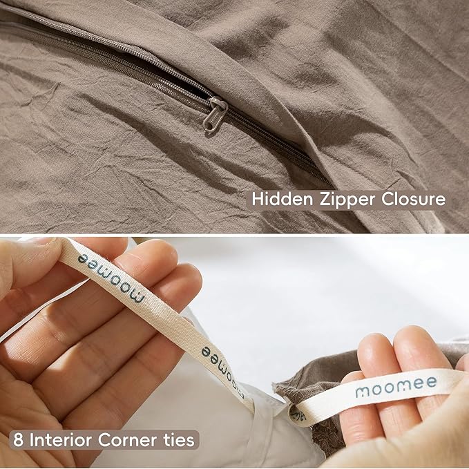 MooMee Bedding Duvet Cover Set 100% Washed Cotton Linen Like Textured Breathable Durable Soft Comfy (Solid Brown, Super King 108"x98")