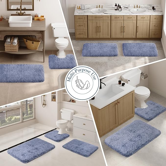 Walensee Non Slip Bath Mat (16 x 24, Blue) - Soft Microfiber Shaggy, Water Absorbent, Machine Washable, Thick Plush Shower Rug