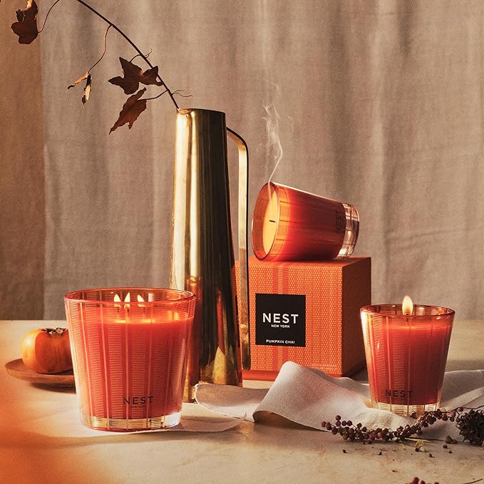 NEST New York Scented 3-Wick Candle, Pumpkin Chai - 21.2 oz - Up to 100-Hour Burn Time - Reusable Glass Vessel