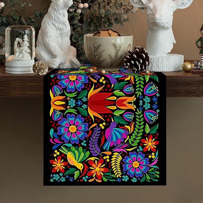 Mexican Pattern Table Runner Burlap Seasonal Kitchen Dining Linen Table Decoration for Indoor Outdoor Home Party Dinner 13x72 Inch