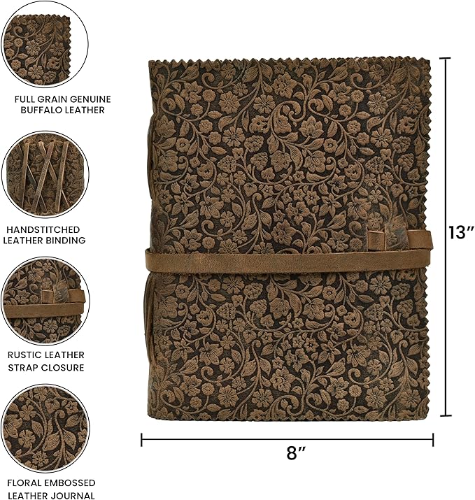 LEATHER VILLAGE Leather Bound Floral Embossed Journal for Women Men - 200 Pages, 13X8 Inches, Brown - Book of Shadows, Vintage Blank Paper Travel Diary, Notebook for Writing, Drawing, Sketchbook