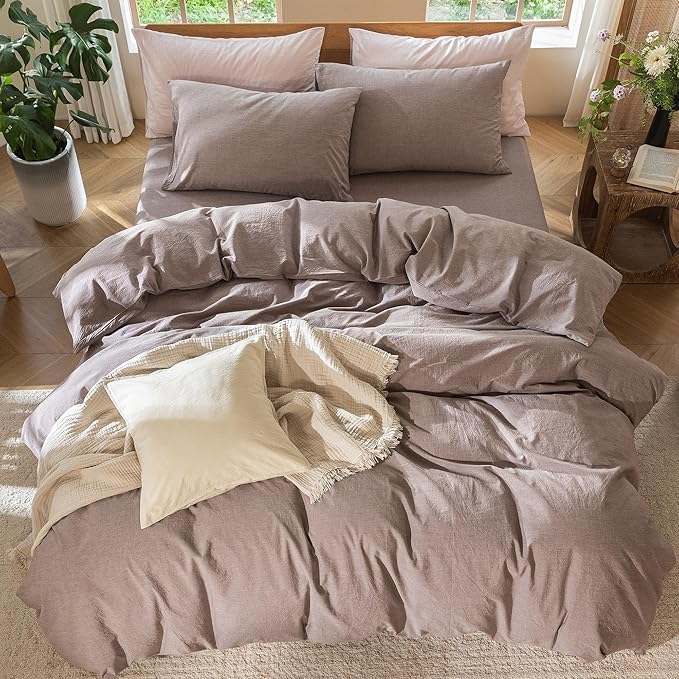 MooMee Bedding Duvet Cover Set 100% Washed Cotton Linen Like Textured Breathable Durable Soft Comfy (Heathered Mauve Brown, Palatial King/Oversized King 120"x98")