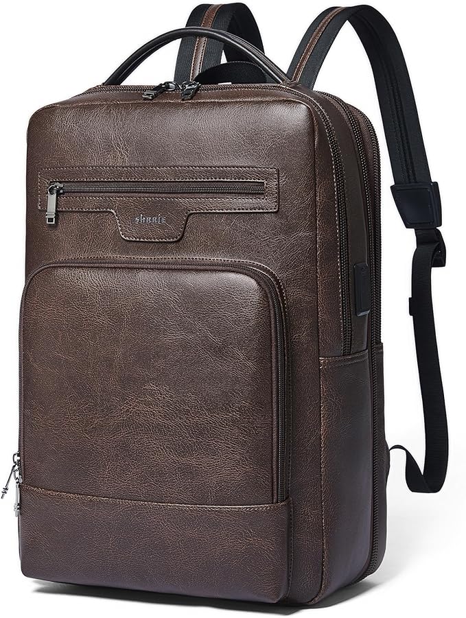 Shrrie Leather Laptop Backpack for Women and Men,28 L Travel Backpack Computer Bag Fits 16 inch Laptop,Expandable Casual Daypack with USB Charging Port for Work Business Weekender College,Coffee
