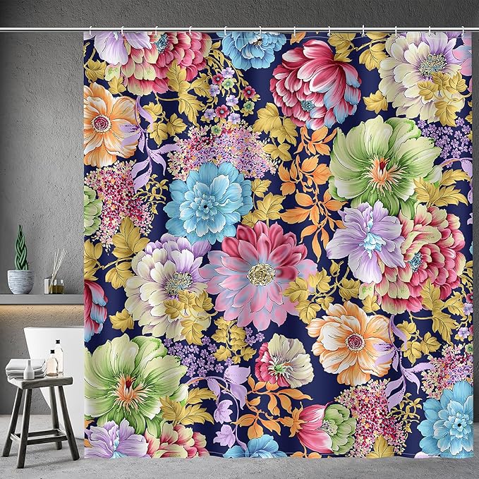 Aimego Boho Floral Shower Curtains - Spring Bohemian Colorful Bright Blossom Flowers Bath Shower Curtain Set with 12 Hooks for Adults Kids Bathroom Decor Accessories, 72"x72"