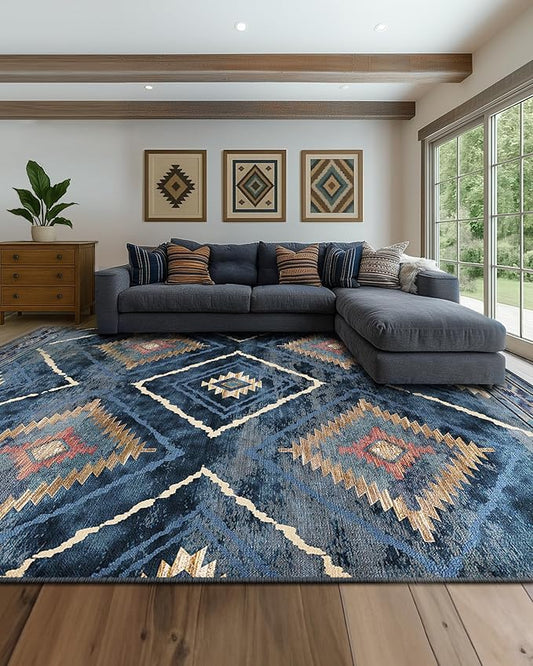 Area Rug 9x12 Rug Machine Washable Non-Slip Low Pile Print Pattern Western Rug for Living Room Bedroom Entryway Tribal Series -Darkblue