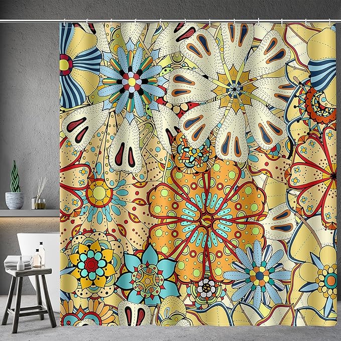 Aimego Long Boho Shower Curtain - Chic Floral Bohemian Mandala Gypsy Flowers Fabric Cloth Shower Curtain Set with 12 Hooks for Adults Bathroom Decor Accessories Bathtub Curtain, 72"x78"