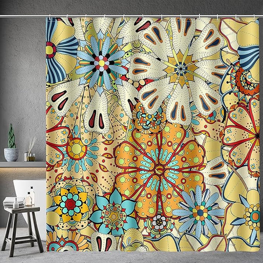 Aimego Long Boho Shower Curtain - Chic Floral Bohemian Mandala Gypsy Flowers Fabric Cloth Shower Curtain Set with 12 Hooks for Adults Bathroom Decor Accessories Bathtub Curtain, 72"x78"