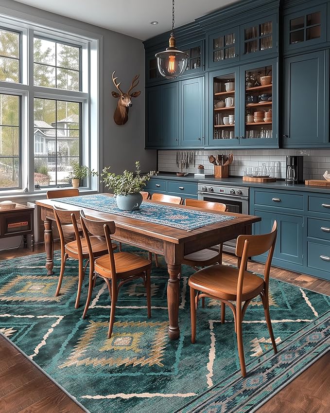 Area Rug 9x12 Rug Machine Washable Non-Slip Low Pile Print Pattern Western Rug for Living Room Bedroom Entryway Tribal Series -Teal/Green