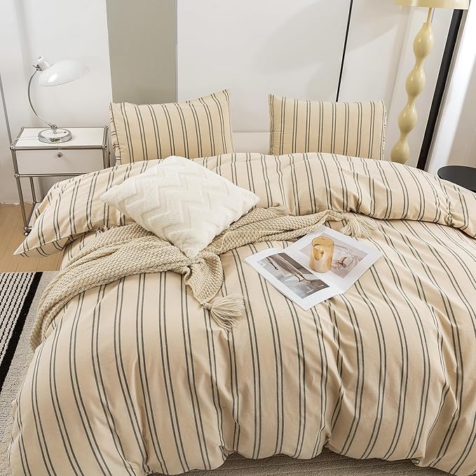 ECOCOTT Duvet Cover Queen Size - Linen Feel Textured Organic Natural 100% Washed Cotton, Reversible Striped Bedding Set with Zipper Closure, Dark Green