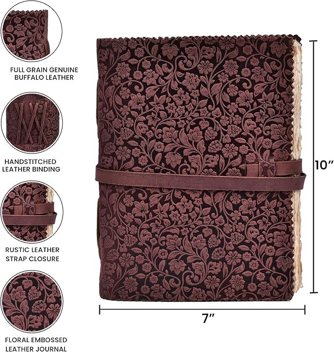 LEATHER VILLAGE Leather Bound Floral Embossed Journal for Women Men - 200 Pages, 10X7 Inches, Fuchsia - Book of Shadows, Vintage Blank Paper Travel Diary, Notebook for Writing, Drawing, Sketchbook