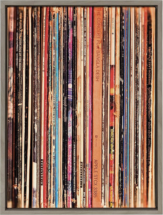 Kate and Laurel Sylvie 33RPM Framed Canvas Wall Art by Robert Cadloff of Bomobob; 18x24 Gray; Decorative Music Art for Wall