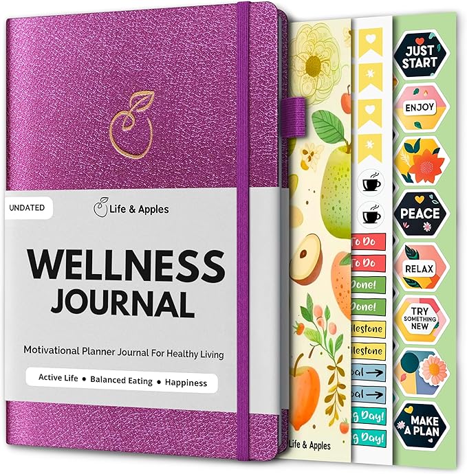 Life & Apples Wellness Journal Planner – Food Log, Fitness Tracker, Habit Tracker, Weight Loss Journal for Diet Tracking and Health Goals, Undated, Size A5 Purple