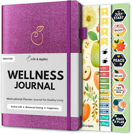 Life & Apples Wellness Journal Planner – Food Log, Fitness Tracker, Habit Tracker, Weight Loss Journal for Diet Tracking and Health Goals, Undated, Size A5 Purple