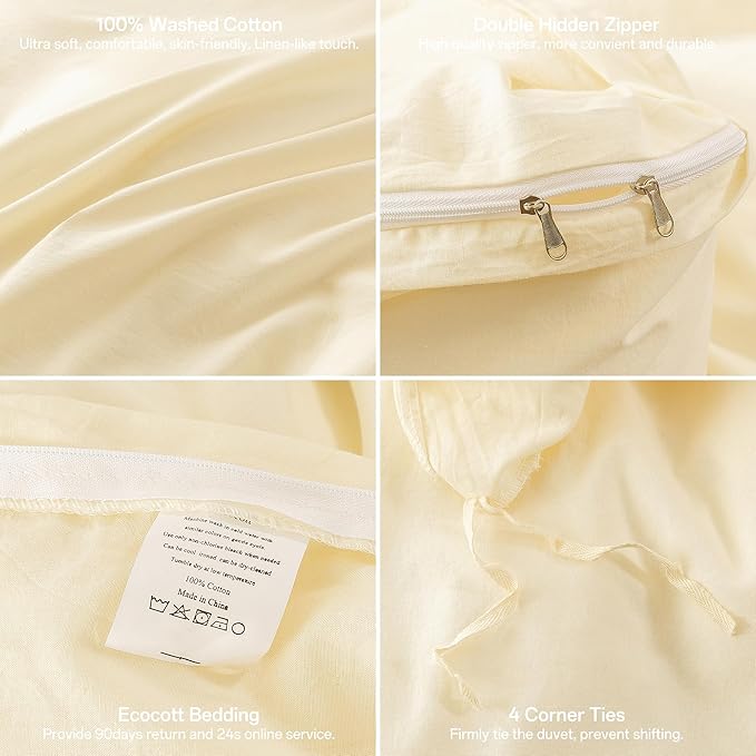 ECOCOTT Duvet Cover King Size - 3 Piece 100% Washed Cotton Bedding Set, Soft & Breathable with Zipper Closure 8 Corner Ties - Comfortable and Stylish for All Seasons (Cream)