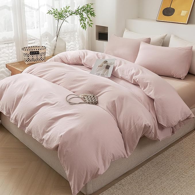 ECOCOTT Duvet Cover Set, 100% Washed Cotton Linen-Like Textured Soft & Breathable, Durable Comfy Bedding Set for All Seasons Twin Size (Greyish Pink)