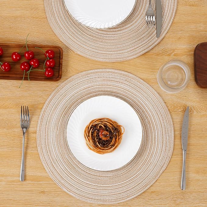 SHACOS 15 inch Beige Round Placemats Set of 12 for Dining Table Woven Braided Circle Place Mats Kitchen Placemat Washable Table Mats