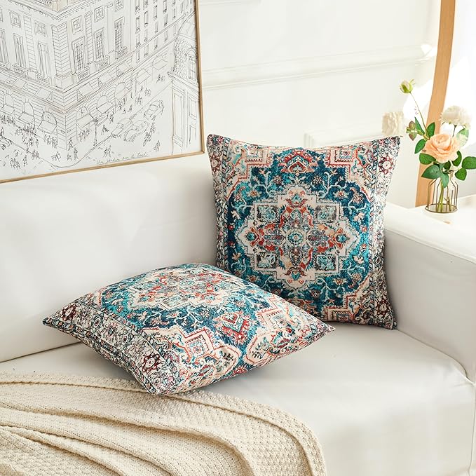 Boho Throw Pillow Covers 18x18 inch Set of 2,Boho Vintage Carpet Pattern Antique Ethnic Decor Double Sided Pattern Cushion Cover Soft Pillow Case Living Sofa Room Bed Square Pillow Cover