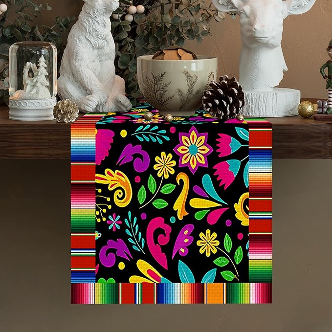 Mexican Flowers Burlap Table Runner Seasonal Spring Fall Kitchen Dining Linen Table Decoration for Indoor Outdoor Home Party Dinner 13x72 Inch