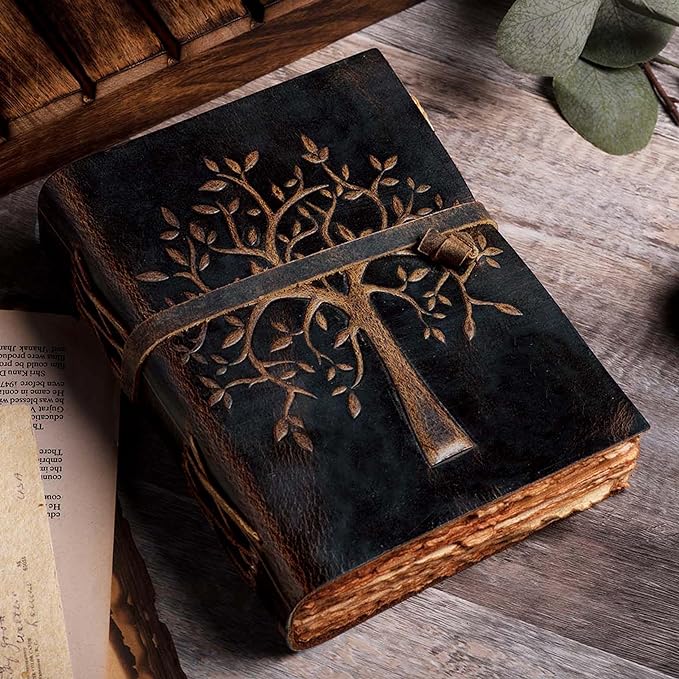 LEATHER VILLAGE Tree of Life Journal - 13 X 8 inches - Rustic Brown - 200 Antique Deckle Edge Handmade Paper – Book of Shadows - Vintage Leather Bound Journal for Women & Men
