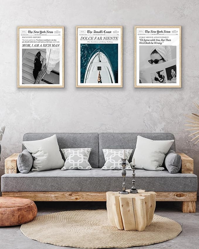 EcoHest Small Trendy Newspaper Framed Wall Art, 8x10 in OAK Wood Cool Girl Canvas Art, Magazine Bar Cart Print College Dorm Decor, Beige Logs Set of 1 for Bedroom Living Room