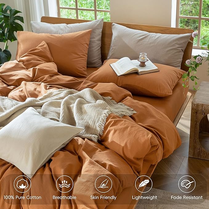 MooMee Bedding Duvet Cover Set 100% Washed Cotton Linen Like Textured Breathable Durable Soft Comfy (Solid Burnt Orange, Palatial King/Oversized King 120"x98")