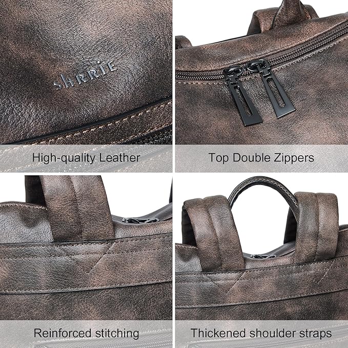 Shrrie 15.6 inch Laptop Backpack for Women,Large Leather Backpack Purse,Travel,Carry on,Water Resistant Casual Laptop Backpacks,College Backpack,Work Backpack for Women,Two-toned Coffee