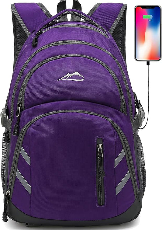 Backpack Bookbag for College Laptop Travel, Fit Laptop Up to 15.6 inch with USB Charging Port Multi Compartment Anti theft, Gift for Women Men (Purple)
