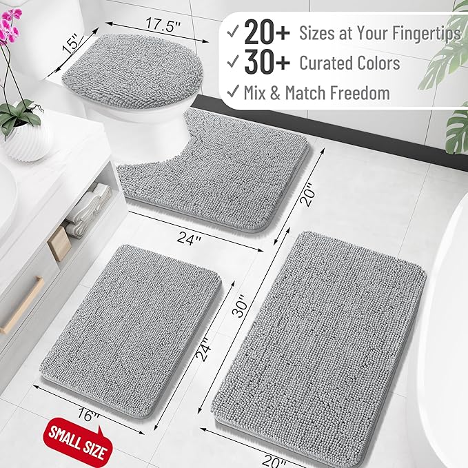 OLANLY Bathroom Rugs 24x16, Extra Soft Absorbent Chenille Bath Rugs, Rubber Backing Quick Dry, Machine Washable Bath Mats for Bathroom Floor, Tub and Shower, Home Decor Accessories, Light Grey