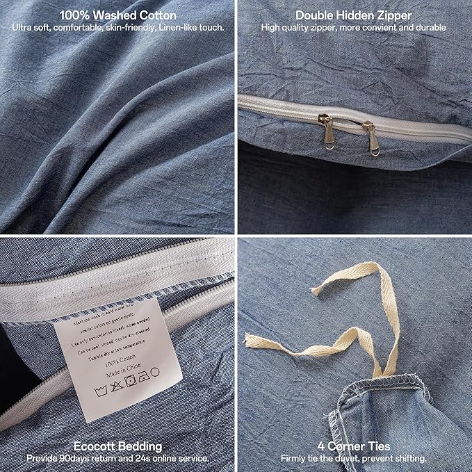 ECOCOTT Denim Blue Duvet Cover King Size, 100% Washed Cotton 1 Duvet Cover with Zipper and 2 Pillowcases, Ultra Soft and Easy Care Breathable Cozy Bedding Set (Denim Blue, King)