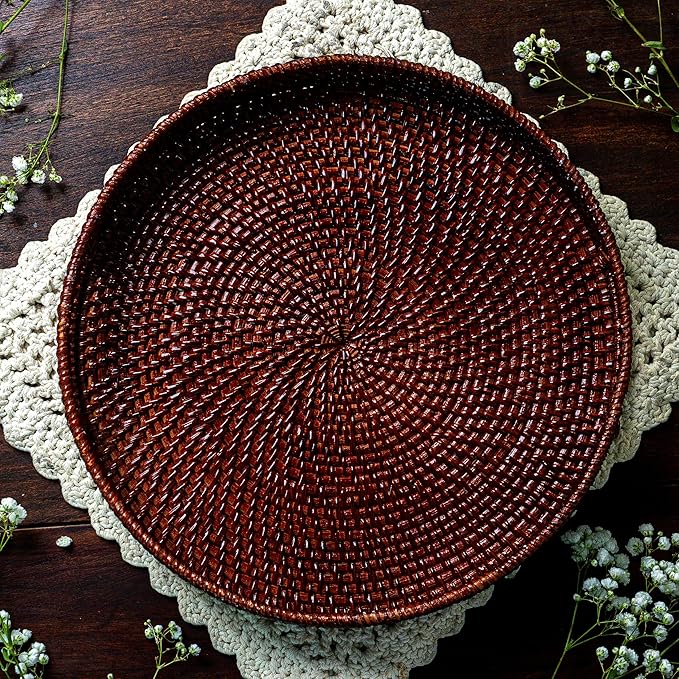 JUNGLE CULTURE Large Rattan Serving Tray 14" in Brown • Round Table Basket • Wicker Ottoman Trays with Handles for Coffee Table, Bed Side or Couch • Flat Circle Woven Tray • Boho Farmhouse Decor