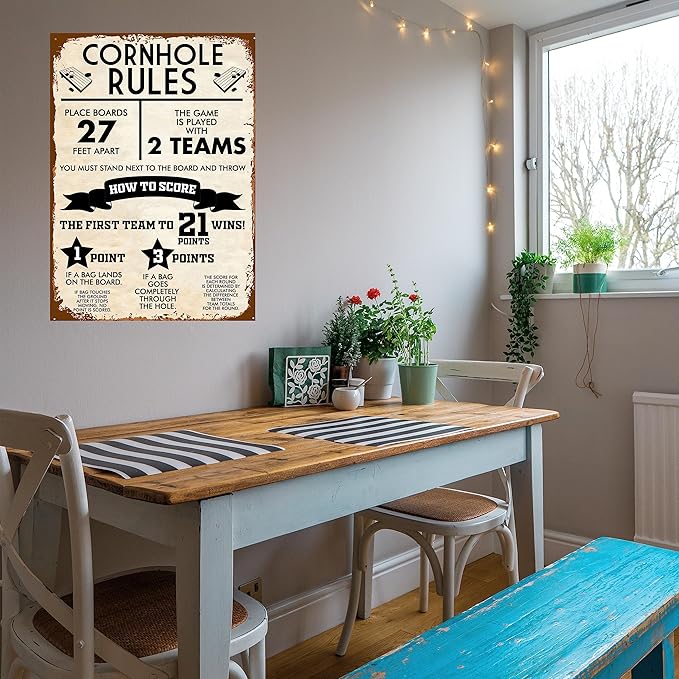 Cornhole Rules Sign Retro Vintage Metal Games Tin Signs Funny Classic Cornhole Board Decor Poster Man Cave Wall Art 8x12 Inch