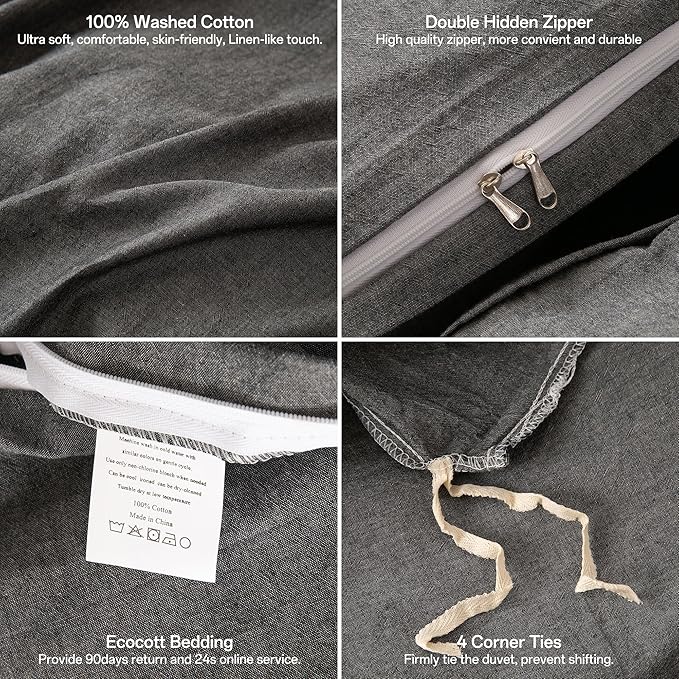 ECOCOTT Grey Duvet Cover Oversized King Size - 100% Washed Cotton Durable Soft Comfy Duvet Cover Set, 3 Pieces Duvet Cover with Zipper Closure (Dark Grey, 120"x 98")