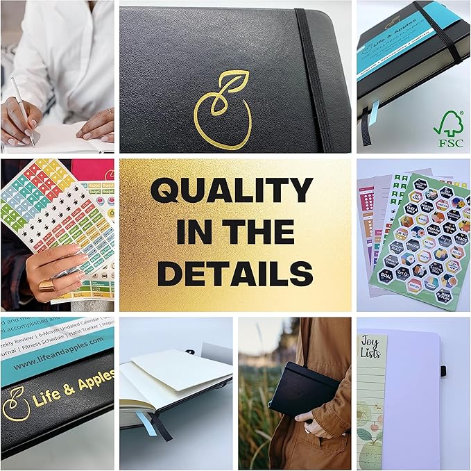 Life & Apples Wellness Journal Planner – Food Log, Fitness Tracker, Habit Tracker, Weight Loss Journal for Diet Tracking and Health Goals, Undated, Size A5, Black