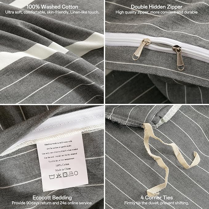 ECOCOTT 3 Pieces Duvet Cover Set King 100% Washed Cotton 1 Duvet Cover with Zipper and 2 Pillowcases, Ultra Soft and Easy Care Breathable Cozy Simple Style Bedding Set(Grey Stripes)