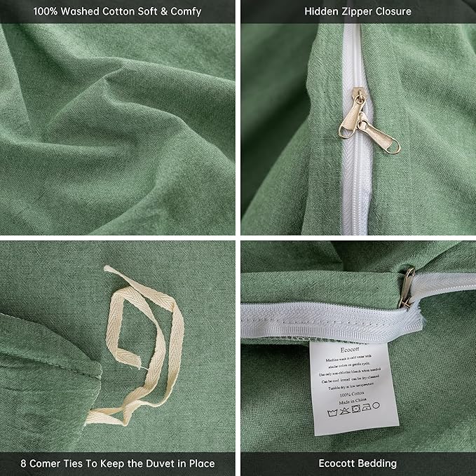 ECOCOTT 68''x90'' Sage Green Duvet Cover Twin Size - 100% Washed Cotton Durable Soft Comfy Duvet Cover Set, 3 Pieces Duvet Cover with Zipper Closure
