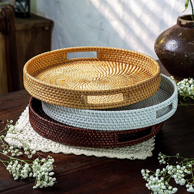JUNGLE CULTURE Large Rattan Serving Tray 14" in Brown • Round Table Basket • Wicker Ottoman Trays with Handles for Coffee Table, Bed Side or Couch • Flat Circle Woven Tray • Boho Farmhouse Decor