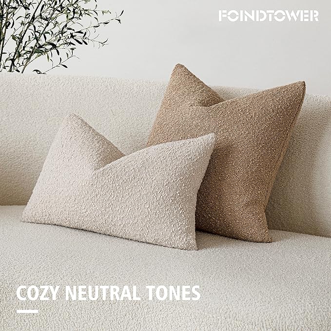 Foindtower Pack of 2 Textured Boucle Throw Pillow Covers Accent Solid Lumbar Pillow Cases Cozy Soft Decorative Couch Cushion Case for Chair Sofa Bedroom Living Room Home Decor, 12 x 20 Inch,Beige