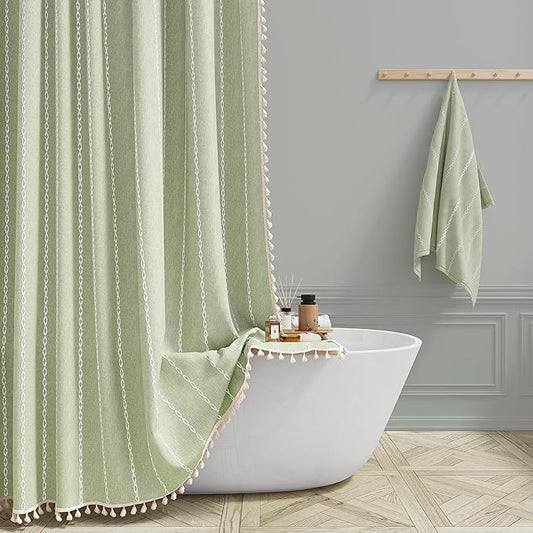 BTTN Sage Green Farmhouse Shower Curtain, Boho Linen Striped Heavy Duty Fabric Shower Curtain Set with Tassel, Bohemian Country Thick Shower Curtain for Bathroom, Wrinkle Free, Water Repellent, 72x72