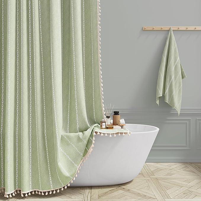 BTTN Stall Shower Curtain - 54x78 Inch Small Boho Linen Heavy Duty Fabric Tassel Shower Curtain Set with 10 Hooks, Narrow Rustic Farmhouse Bohemian Thick Cloth Shower Curtains for Bathroom, Sage Green