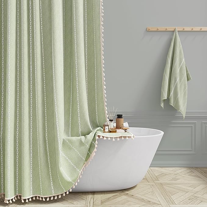 BTTN Boho Long Shower Curtain, 72x78 Inch Long Linen Thick Fabric Shower Curtain Set with Plastic Hooks, Tall Modern Farmhouse Country Neutral Textured Cloth Shower Curtains for Bathroom - Sage Green