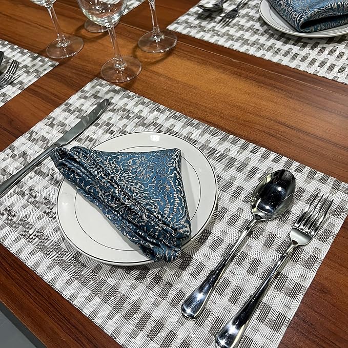 Placemat,Blending Color Durable Woven Vinyl Placemat Washable Heat-Resistant Anti-Skid Kitchen Dining Table Mats (Set of 6, Silver White)