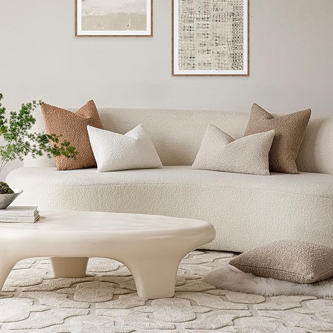 Foindtower Pack of 2 Textured Boucle Throw Pillow Covers Accent Solid Lumbar Pillow Cases Cozy Soft Decorative Couch Cushion Case for Chair Sofa Bedroom Living Room Home Decor, 12 x 20 Inch,Beige